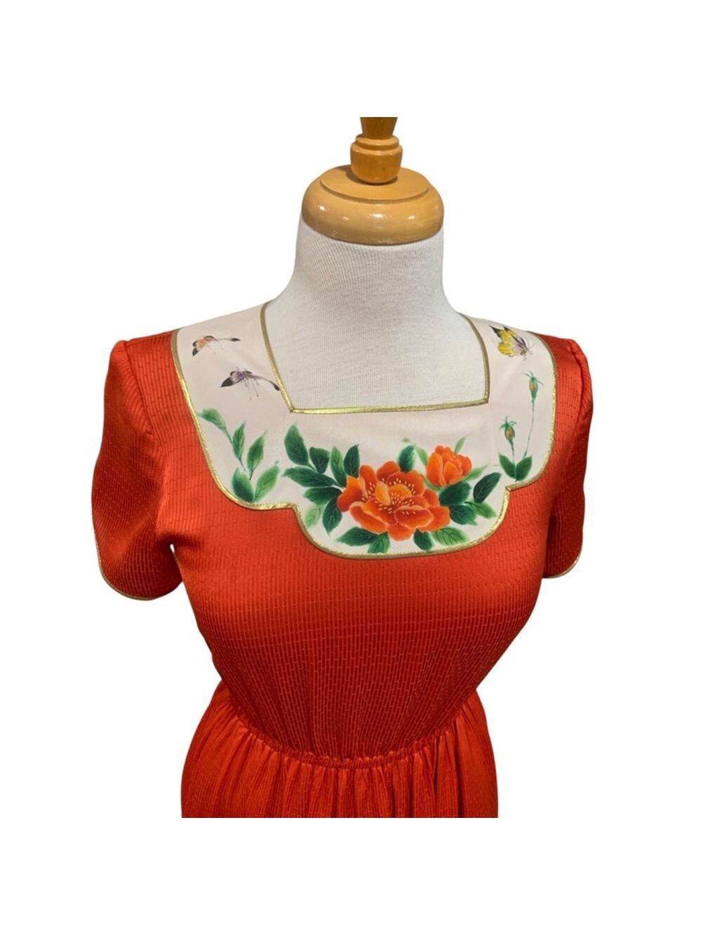 Vntg 70’s Women's Oriental Beauty by Eliza Wang Orange Floral Dress Juniors 9 - Picture 2 of 7